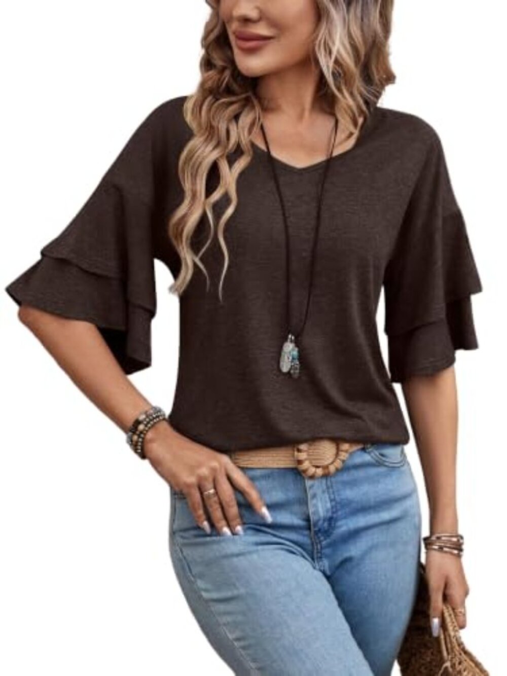 Length Sleeve Tops Womens Blouses Ruffle V Neck Shirts Casual Tunic Spring Fall